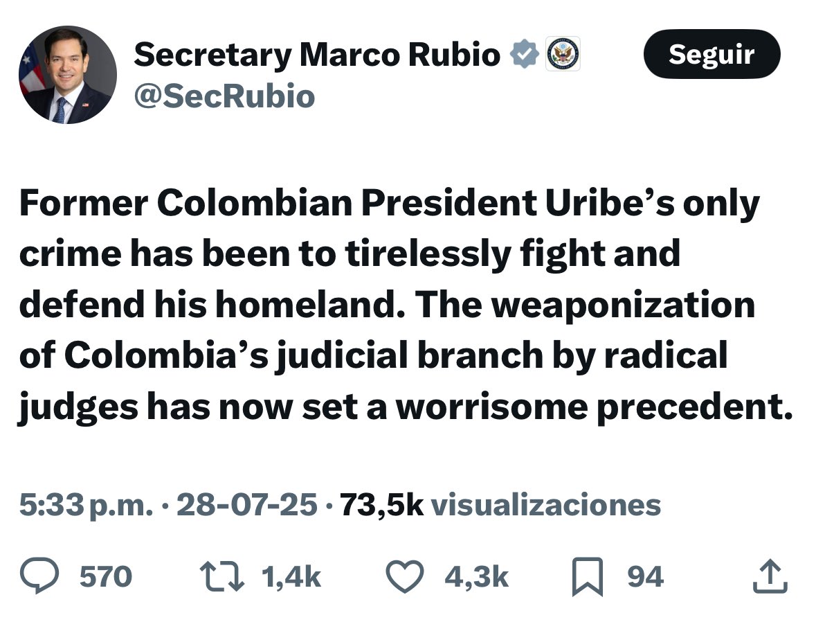Maximo8255's tweet image. Narco Rubio, qué tal el mismo hipócrita que hace unos días decidió que el Dpto de Estado no se metería en política interna de terceros países, sale a criticar a la justicia colombiana por enjuiciar al Narco Uribe. Un Narco defendiendo a otro. Normal. #UribeCulpable #Cuba