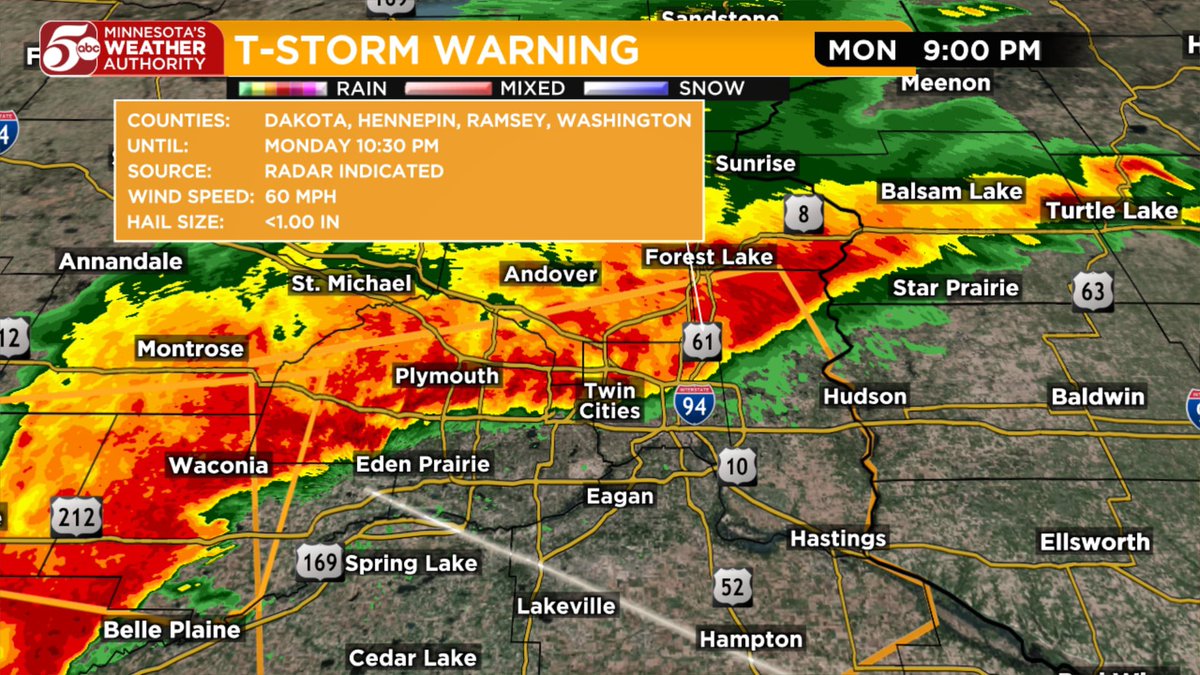 A Severe Thunderstorm Warning has been issued for the entire Twin Cities metro until 10:30pm #mnwx