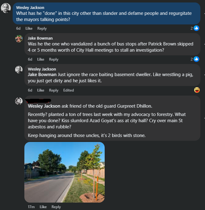 All Wacko Jacko Wes Jackson has done is hang around slumlord uncles at City Hall, a desperate manoeuvre to get people of colour to associate with him.

Meanwhile I got a ton of new trees planted in Bramalea this month.

#Brampton #Brampoli