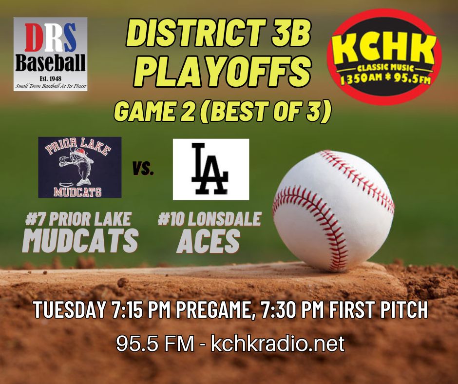 KCHK RADIO (@kchkradio) on Twitter photo Tune in Tuesday for District 3B Playoff baseball when the <a href="/LonsdaleAces/">LonsdaleAces</a> host the <a href="/PLMudcat/">Prior Lake Mudcats</a> in game 2 of a best of 3 series! 7:15 pregame, 7:30 first pitch with <a href="/BartelsAdam/">Adam Bartels</a>!
<a href="/DRSBaseball/">DRS Baseball</a> <a href="/MinnBaseball/">Minnesota Baseball Association</a> Tune in Tuesday for District 3B Playoff baseball when the <a href="/LonsdaleAces/">LonsdaleAces</a> host the <a href="/PLMudcat/">Prior Lake Mudcats</a> in game 2 of a best of 3 series! 7:15 pregame, 7:30 first pitch with <a href="/BartelsAdam/">Adam Bartels</a>!
<a href="/DRSBaseball/">DRS Baseball</a> <a href="/MinnBaseball/">Minnesota Baseball Association</a>