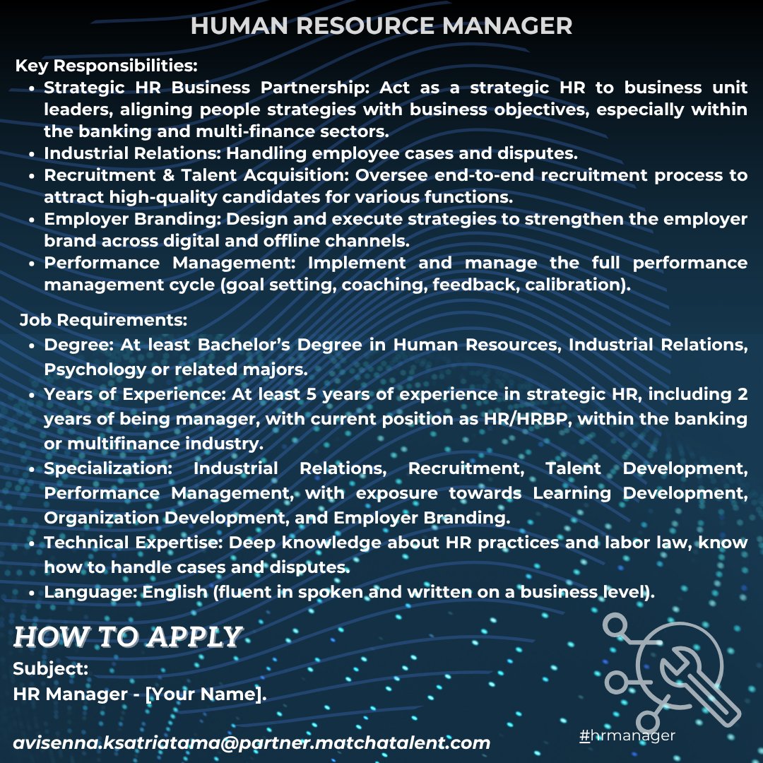 Aviknight's tweet photo. Hello job seeker, i'm looking for HR Manager and Recruitment &amp; Sales Officer to be placed in Jakarta. If you are interested, please check out the requirements below:  

Thank you Cc.
@hrdbacot @magne https://t.co/O2bd5kFe5N