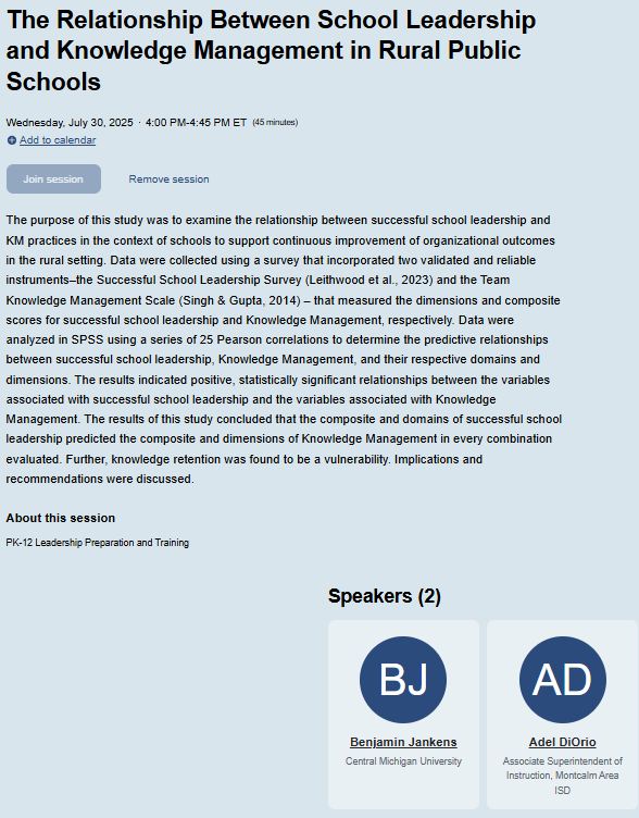 I am excited to present with my colleague Dr. Benjamin P. Jankens on Wednesday at the <a href="/icpel/">ICPEL (EdLeadership)</a> Conference on the relationship between successful school leadership and knowledge management practices in rural schools.

Will you be joining us?