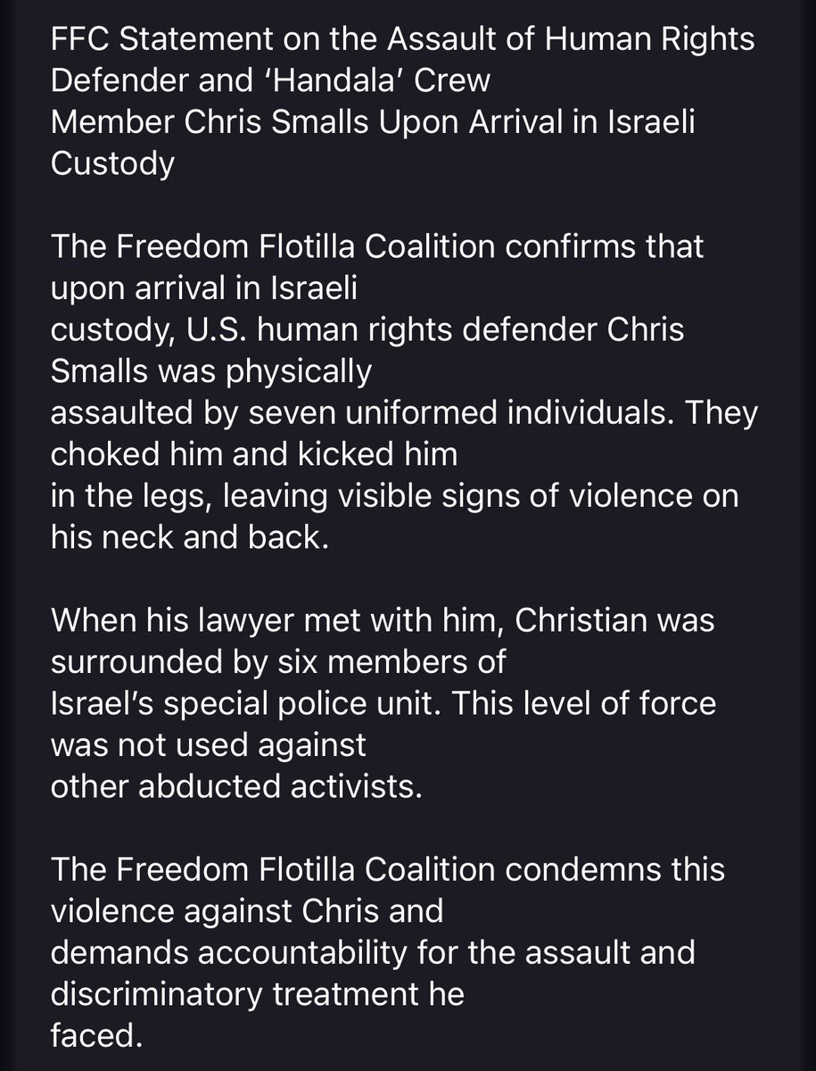 Talia Jane ❤️🔥 (@taliaotg) on Twitter photo Gaza Freedom Flotilla confirms ALU founder <a href="/Shut_downAmazon/">Christian Smalls</a> was choked and kicked by 7 IDF once detained by Israel.
FCC also says Smalls was later surrounded by Israeli cops when meeting with his lawyers.
Bears noting Smalls is the only Black person on the Handala. Gaza Freedom Flotilla confirms ALU founder <a href="/Shut_downAmazon/">Christian Smalls</a> was choked and kicked by 7 IDF once detained by Israel.
FCC also says Smalls was later surrounded by Israeli cops when meeting with his lawyers.
Bears noting Smalls is the only Black person on the Handala.