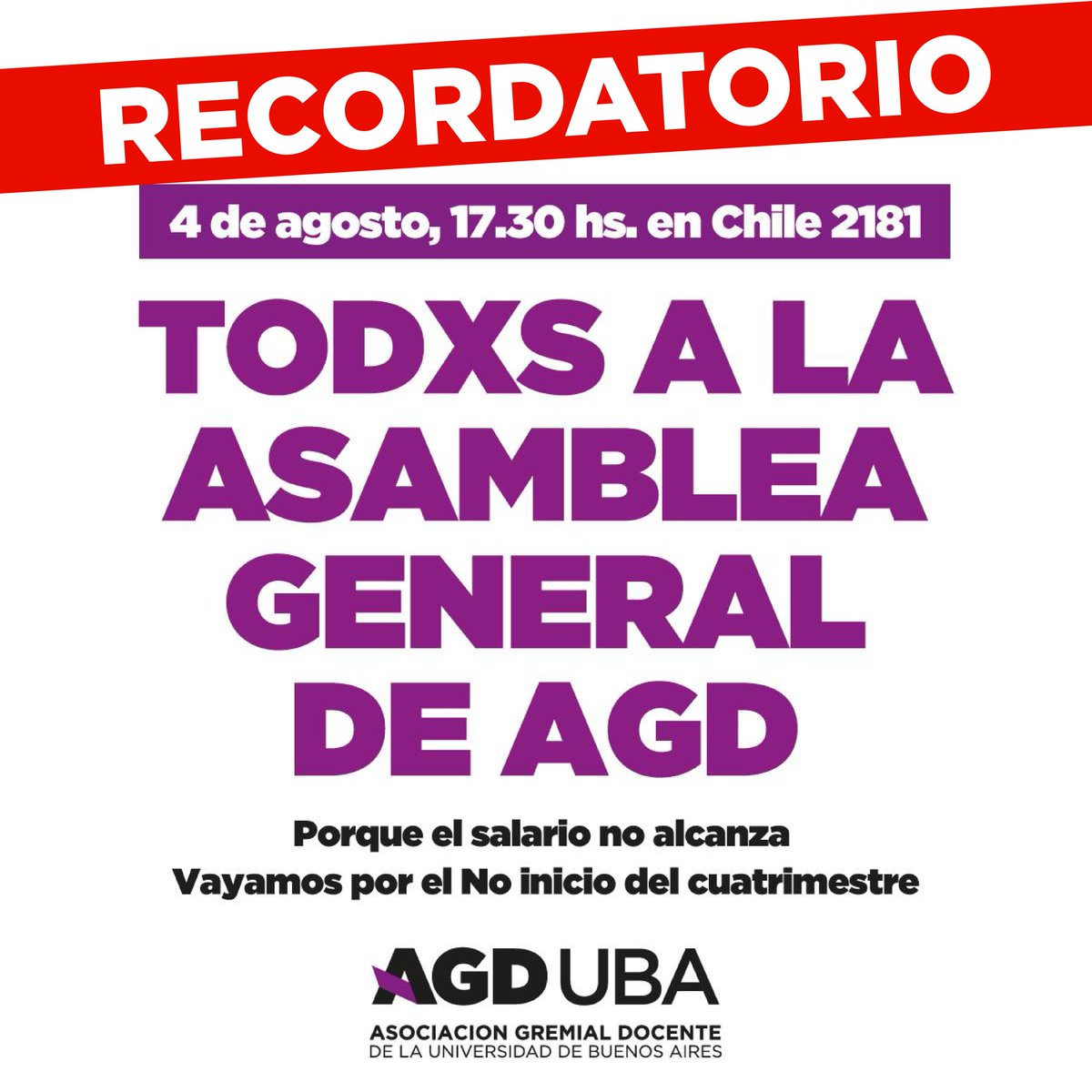 Venite  a la Asamblea

Deliberemos y organicemos el no inicio del segundo cuatrimestre a partir del 11/08 y una gran marcha Nacional a Plaza de mayo. 

Llevemos este mandato al congreso de nuestra federación.