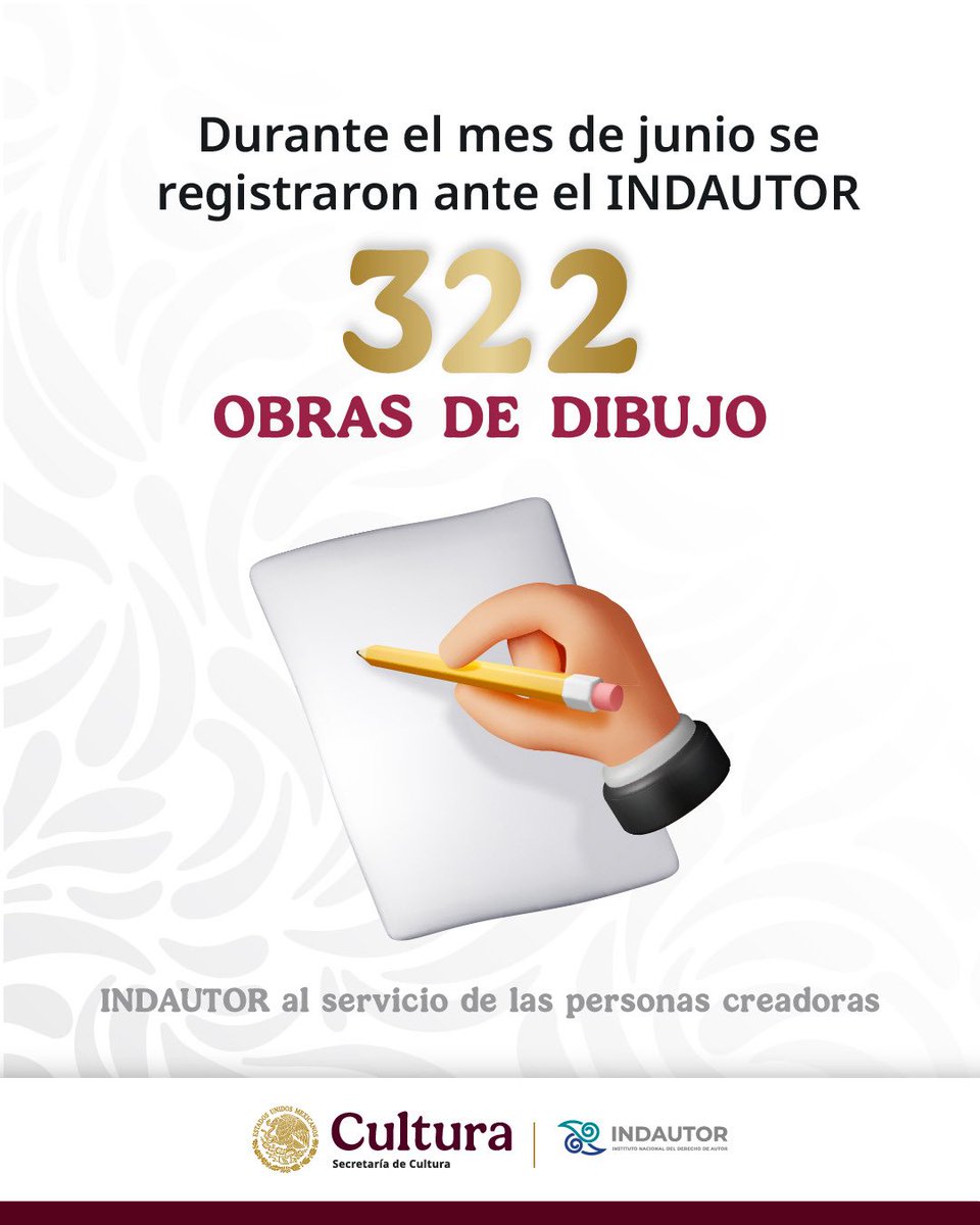 #ConteoINDAUTOR 🧮 

Durante el mes de junio se registraron ante el #INDAUTOR 322 obras de dibujo. ✍️ 

INDAUTOR al servicio de las personas creadoras. 🤓✨

Mantente al día y síguenos en nuestras redes sociales ⛓️ linktr.ee/indautor