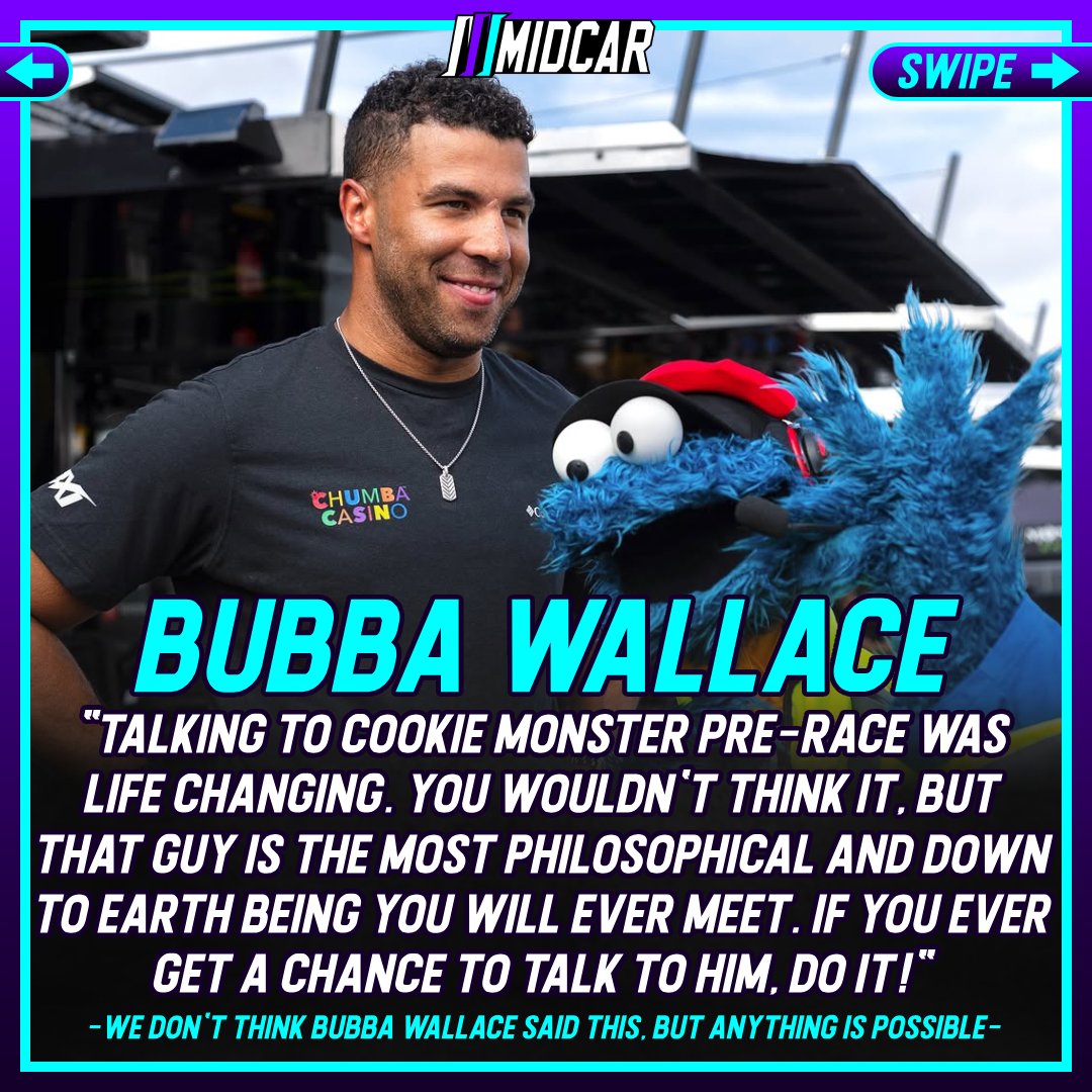 MidCarMedia's tweet photo. Quotes from Bubba Wallace and Cookie Monster following their victory 🏁 https://t.co/ehccaoS6Bz