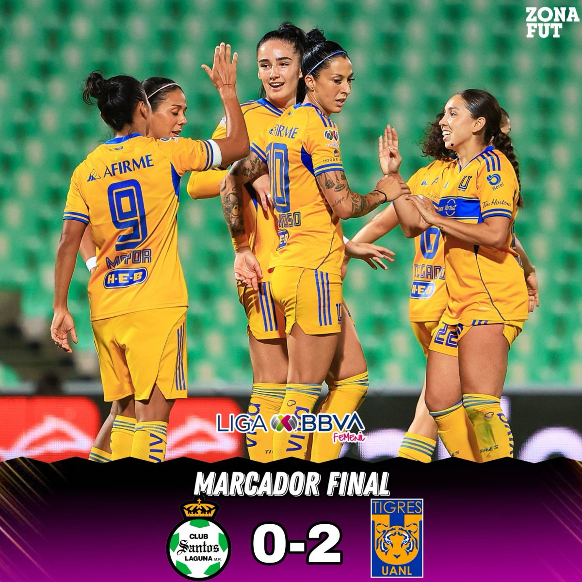 ZonaFUT1's tweet image. ¡A DOMICILIO!
#LigaFemenilMX | 😇 #SAN 0-2 #TIG 🐯
@TigresFemenil da un golpe de autoridad y se queda con la victoria en casa de @ClubSantosFem
Goles:
🐯 Reyes(AG), Ordóñez