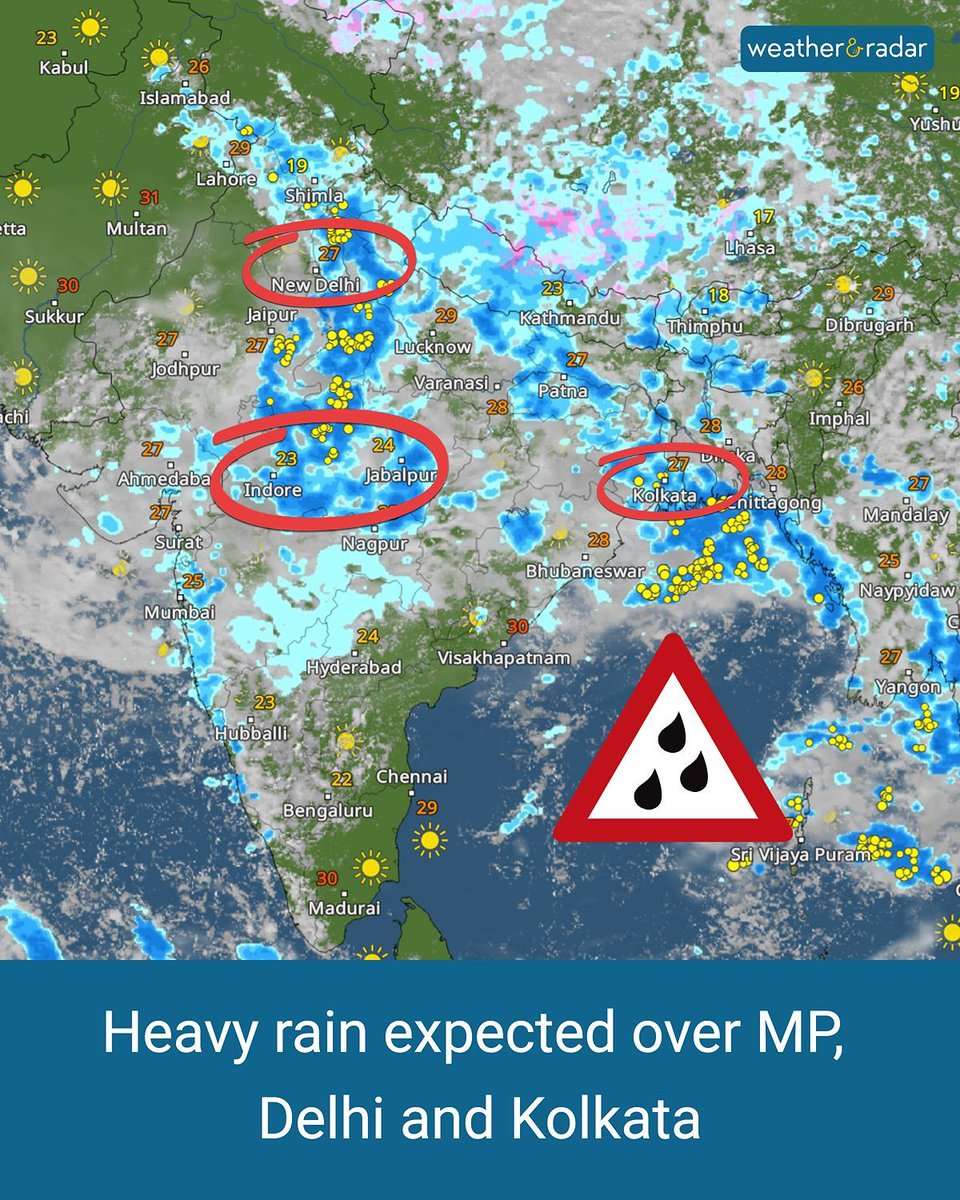 🌧️ Heavy Rain Alert! 🌧️
Brace for intense downpours across Madhya Pradesh, Delhi, and Kolkata today. 

#WeatherUpdate #RainAlert