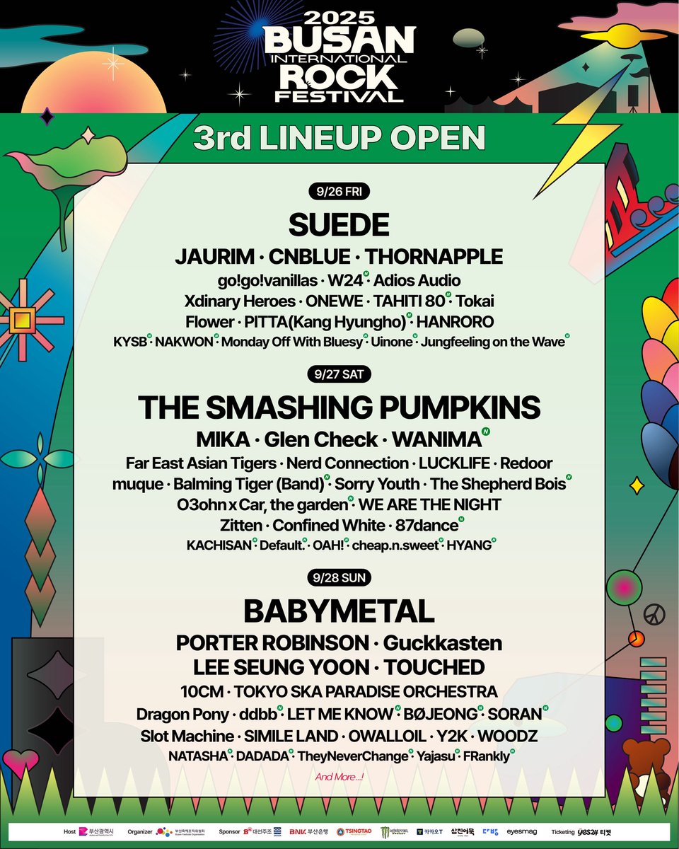 [𝟯𝗿𝗱 𝗟𝗜𝗡𝗘𝗨𝗣 𝗥𝗘𝗟𝗘𝗔𝗦𝗘]
2025 부산국제록페스티벌의 3차 라인업을 공개합니다.

■ 2025 부산국제록페스티벌
- 일시 : 2025. 9. 26.(금) ~ 9. 28.(일), 3일간
- 장소 : 삼락생태공원

■ 티켓 안내
- 가격 : 3일권 242,000원 / 2일권 176,000원 / 1일권 110,000원
- 예매처 : 예스24