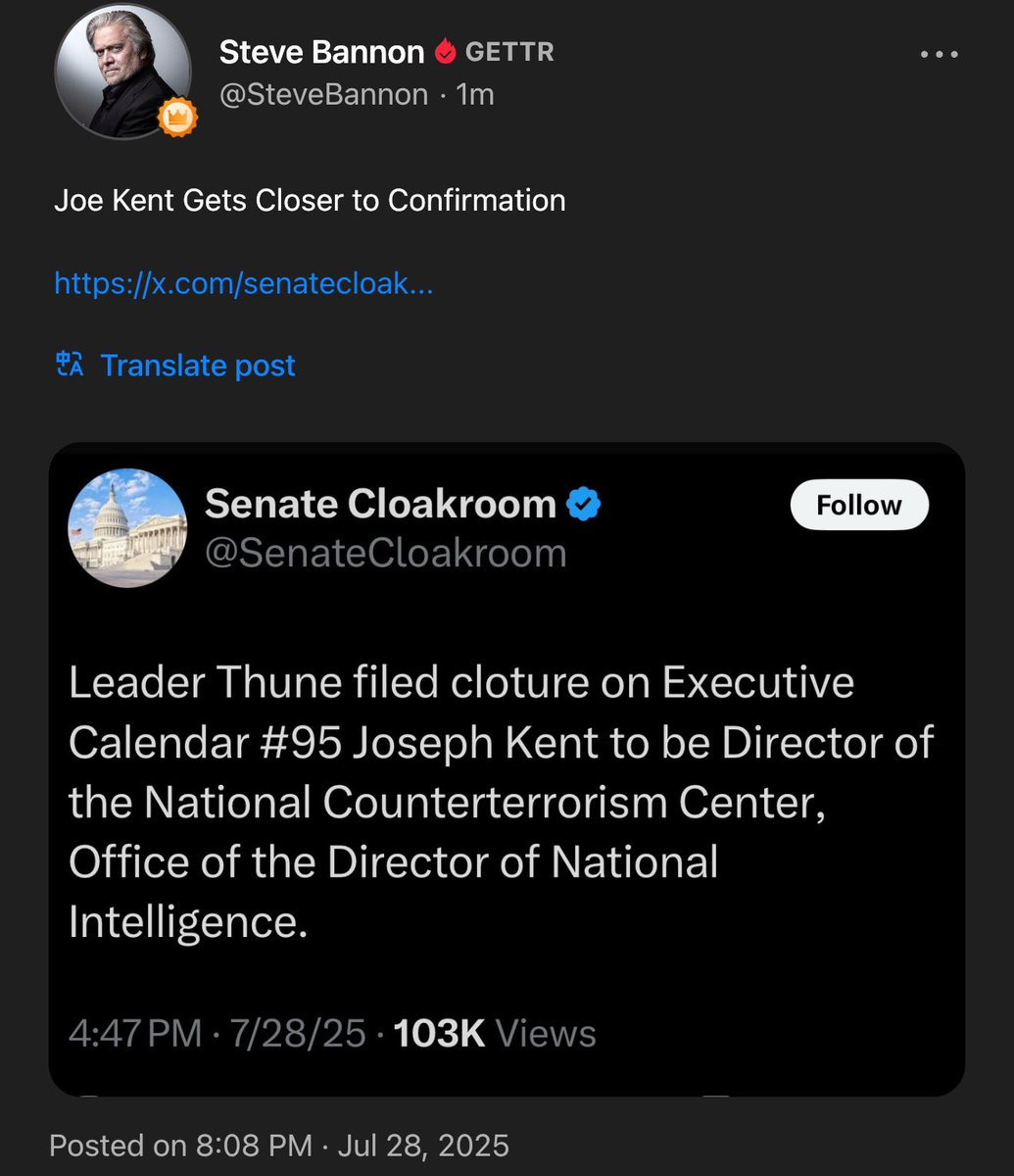 Joe Kent Gets Closer to Confirmation 

x.com/senatecloakroo…