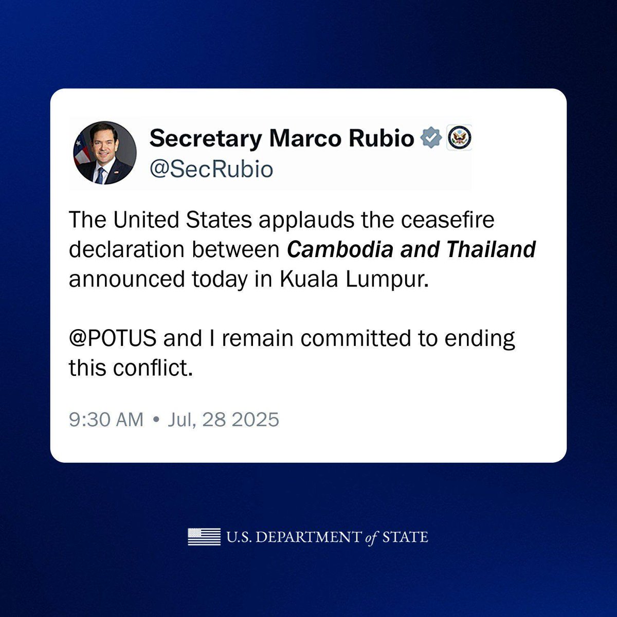 U.S. Asia Pacific Media Hub (@easiamediahub) on Twitter photo .<a href="/SecRubio/">Secretary Marco Rubio</a>: The United States applauds the ceasefire declaration between Cambodia and Thailand announced today in Kuala Lumpur. President Trump and I are committed to an immediate cessation of violence and expect the governments of Cambodia and Thailand to fully honor their .<a href="/SecRubio/">Secretary Marco Rubio</a>: The United States applauds the ceasefire declaration between Cambodia and Thailand announced today in Kuala Lumpur. President Trump and I are committed to an immediate cessation of violence and expect the governments of Cambodia and Thailand to fully honor their