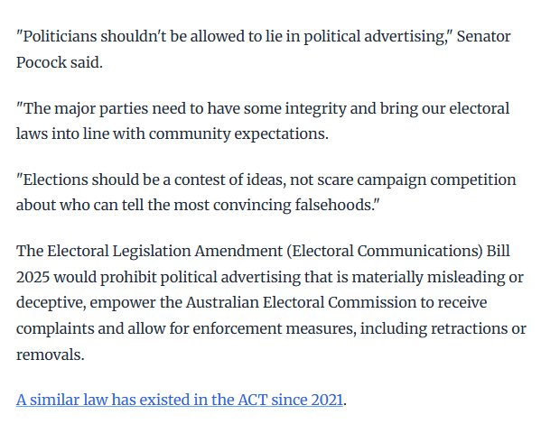 A few months ago the Govt rushed through campaign finance reforms &amp; give themselves millions of $

At the same time, they proposed a bill to legislate truth in political advertising.

But they shelved it, so <a href="/zalisteggall/">🌏 Zali Steggall MP</a> &amp; I have brought it back for them.
canberratimes.com.au/story/9027046/…