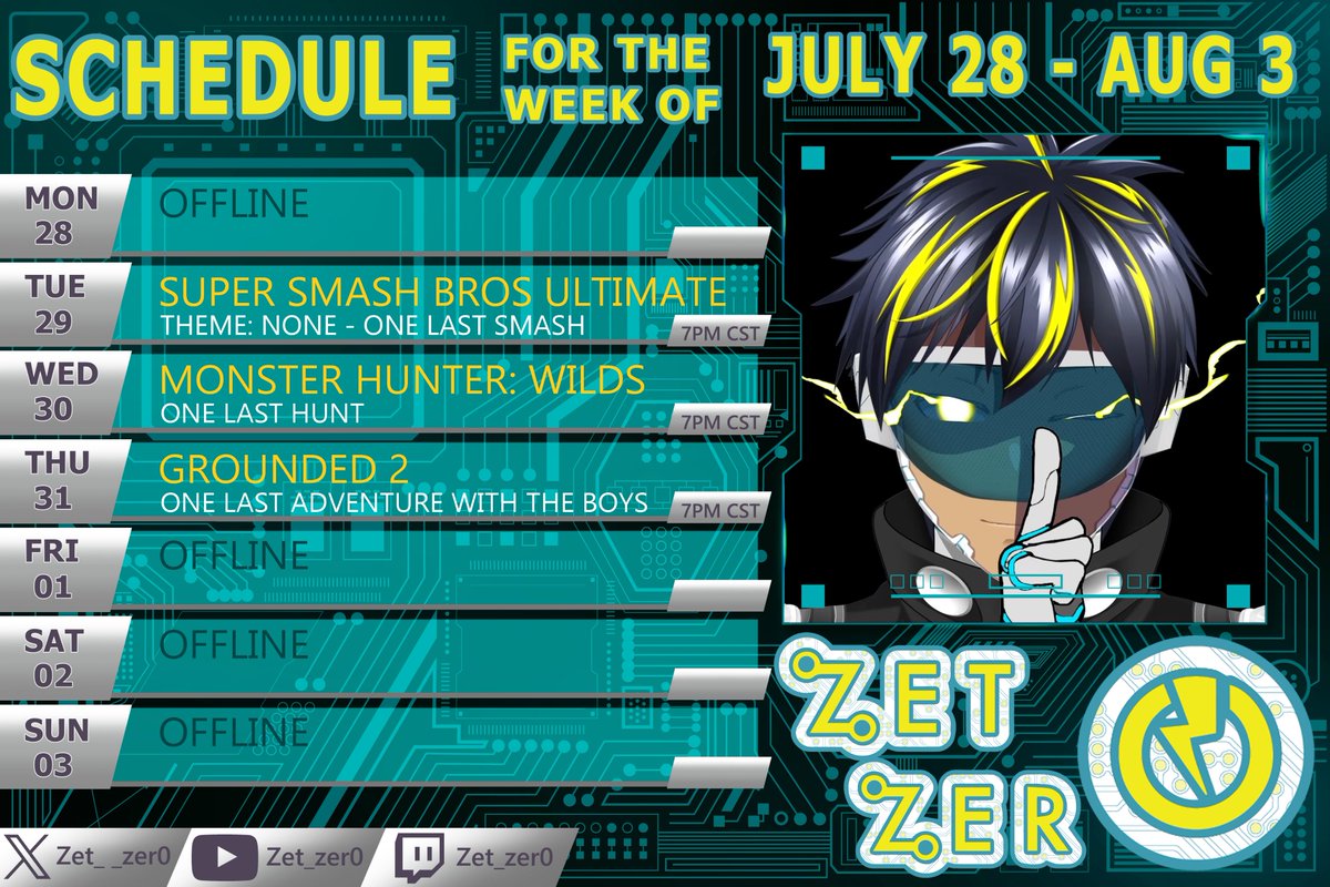 Zet__zer0's tweet photo. ⚡️⚡️THIS WEEK'S SCHEDULE⚡️⚡️

(Lightning News Incoming!)

TUE: I will be King of the Hill!!

WED: Festival? What festival??

 THU: One! More! Adventure!

#Vtubers #ENvtuber #vtuberschedule #VTubersAreStillWatching #VTuberUprising https://t.co/0eJgI74XUC
