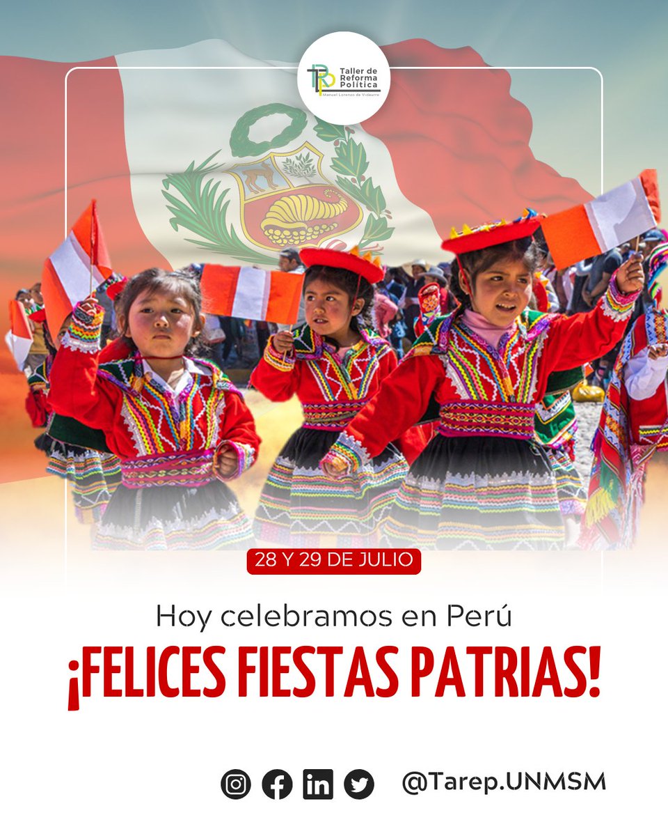 TAREPUNMSM's tweet photo. Desde el TAREP conmemoramos la esperanza, la lucha y la diversidad del pueblo peruano que construyó su independencia y que hoy sigue forjando un país con dignidad, justicia y memoria. ❤️✨

#28deJulio #IndependenciaDelPerú #MemoriaHistórica #DignidadPeruana #JusticiaSocial https://t.co/MudRLSnHoc