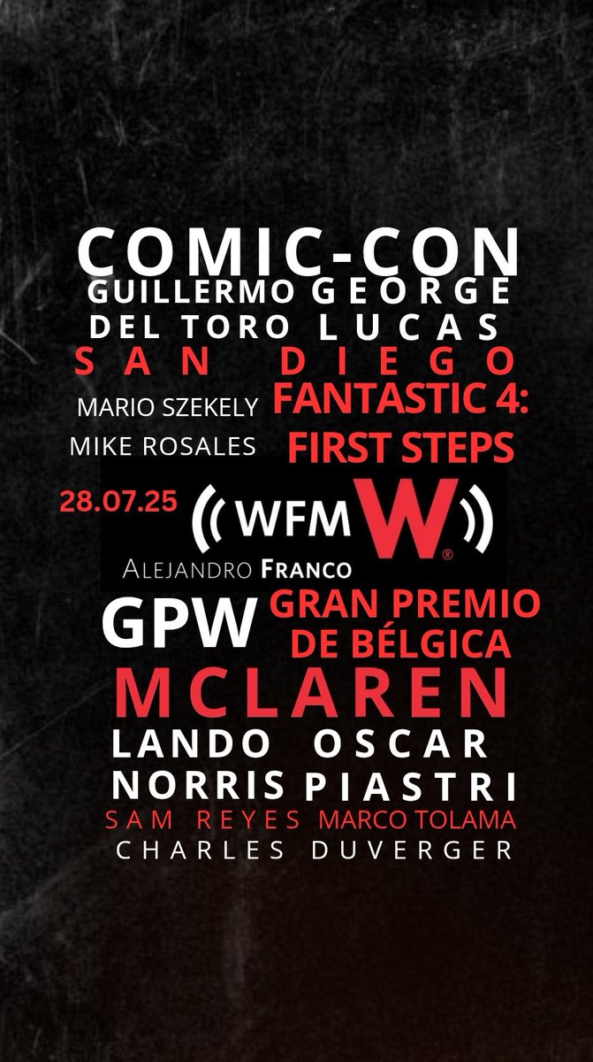 WFM con Alejandro Franco. (@wfm_wradio) on Twitter photo Lunes 28 de julio en #WFMWRadio con <a href="/AlejandroFranco/">Alejandro Franco</a> y asĂ suena nuestra emisiĂłn de esta noche con segunda hora de #GPW incluĂda.
Ya al aire en Cadena Nacional y a través del sitio web de <a href="/WRADIOMexico/">W Radio México</a> .
play.wradio.com.mx Lunes 28 de julio en #WFMWRadio con <a href="/AlejandroFranco/">Alejandro Franco</a> y asĂ suena nuestra emisiĂłn de esta noche con segunda hora de #GPW incluĂda.
Ya al aire en Cadena Nacional y a través del sitio web de <a href="/WRADIOMexico/">W Radio México</a> .
play.wradio.com.mx