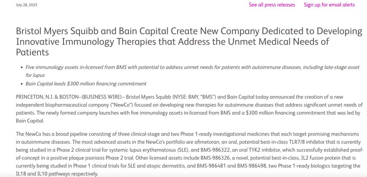 Bain Capital created a new biopharma startup w/Bristol Myers Squibb &amp; in-licensed 5 immunology assets incl a "best-in-class" TLR7/8 inhibitor that is currently in a Phase 2 clinical trial for systemic lupus erythematosus. Bain committed $300M &amp; BMS retains a nearly 20% equity