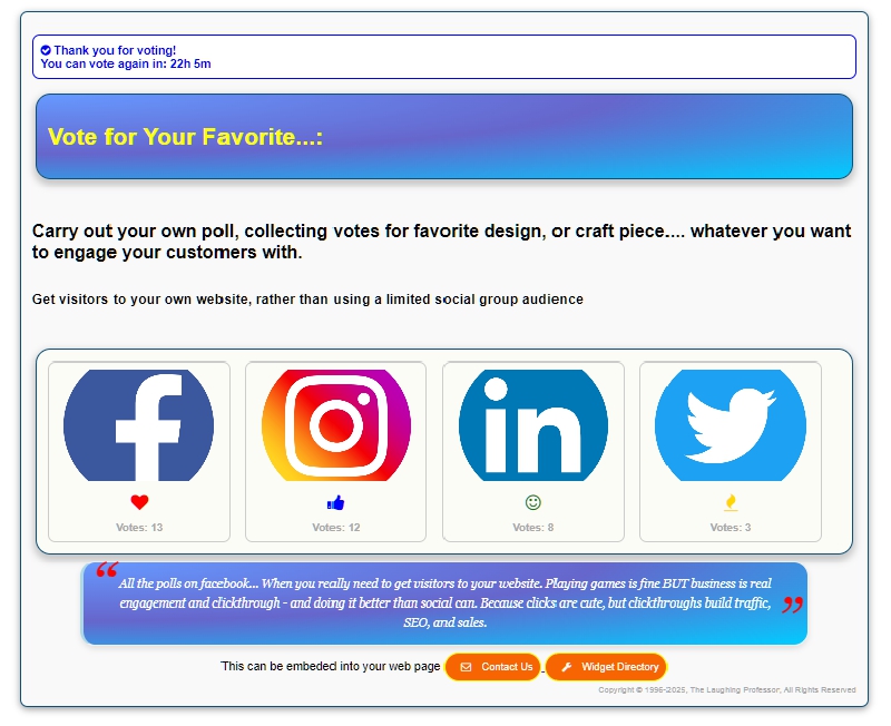 Why do polls using social media? Use your website and increase traffic and sales conversions with this embeded widget. #TheProfessor #SEOServicesCompany laughingprofessor.net/poll-votes/ put link to your poll in your emails.....