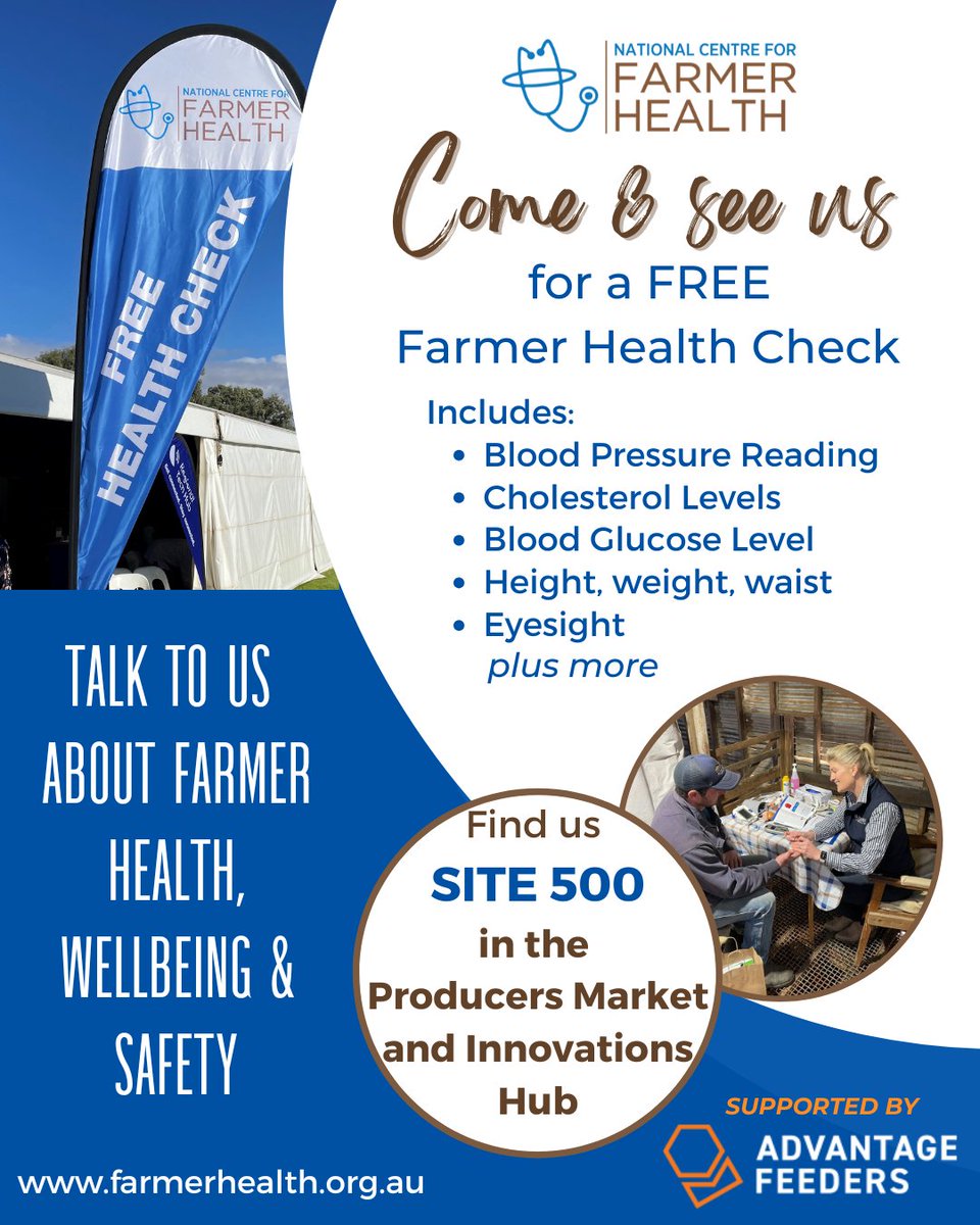 We're excited to be at the Sheepvention Rural Expo in Hamilton, Vic from Aug 3-4! 
We'll be offering free 20-minute Health &amp; Lifestyle Assessments. Learn more at: farmerhealth.org.au/health-and-lif…
Our attendance is supported by a generous donation from Advantage Feeders.
<a href="/VicGovAg/">Agriculture Victoria</a>