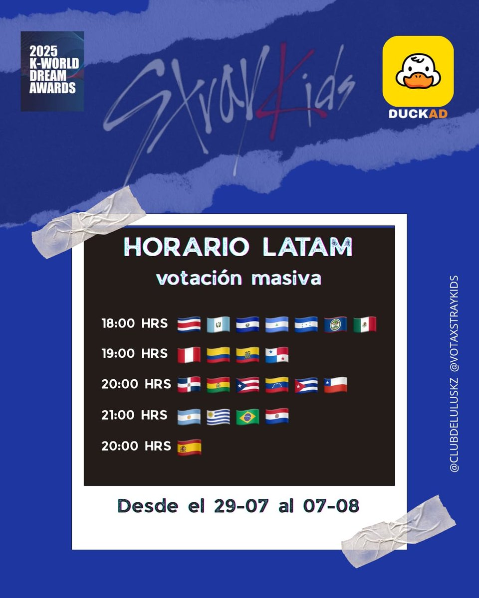 nin1sta's tweet image. 📢 ‼️STAYS
En los próximos días habrá una masiva organizada x las fanbases, con el objetivo de subir nuestros votos en duck add. Les dejo los horarios 💘
Recuerden que los chicos van asistir al evento, asi que TODOS A VOTAR.
STAY domina KWDA
#SKZxKWDA #SKZKARMA