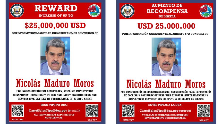 💰La DEA va por Nicolás Maduro y lanza un recordatorio: ofrece 25 millones de dólares a quien proporcione datos que ayuden a capturar o condenarlo. 

La agencia antidrogas de EE.UU. lo señala por su presunta implicación en actividades de narcotráfico. 👇🏼