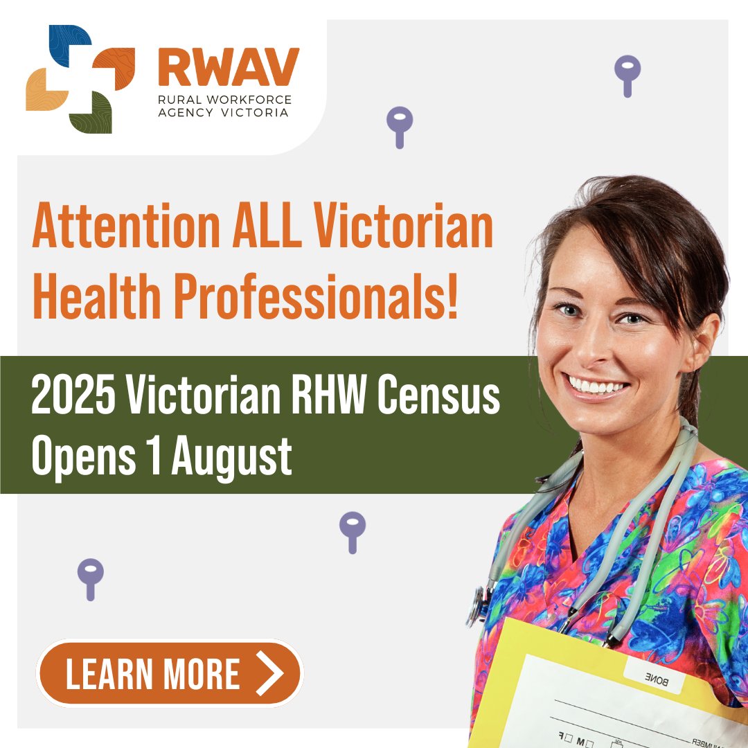 Your insights matter. Help us build a stronger health workforce! 
Mark your calendars! The Victorian Rural Health Workforce Census opens on 1 August 2025 
Stay tuned for more participation details: bit.ly/4nWjgOd 
#VRHWCensus2025