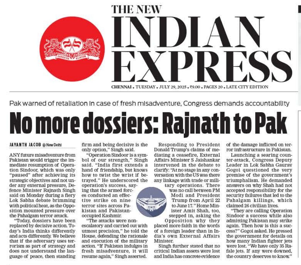 hajipurrajesh's tweet image. What defense minister @rajnathsingh said on #OperationSindoorDebate in LS yesterday..@NewIndianXpress & @TheMornStandard by @jayanthjacob