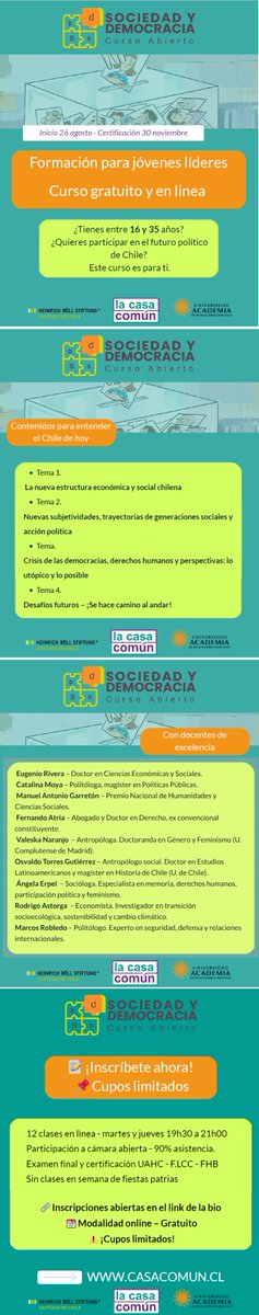 La fundación La Casa Común (@Casacomun) organiza el curso "Sociedad y Desarrollo", dirigido especialmente a jóvenes entre 16 y 35. 
Es un curso abierto al público (modalidad híbrida, 24/8-el 9/10), previa inscripción en lacasacomun.cl.
Sus temas serán: