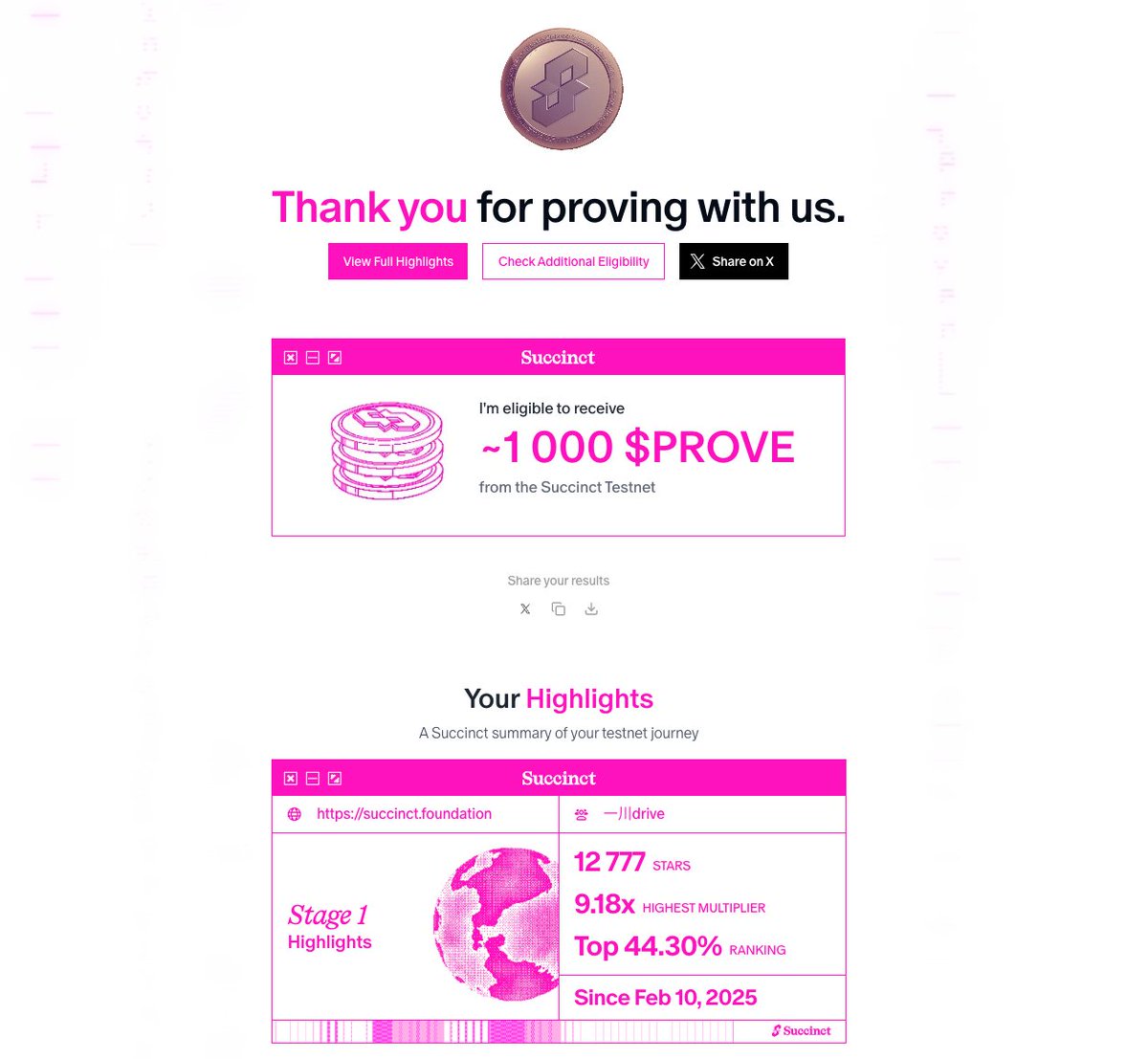 Succinct $PROVE Airdrop Allocation Checker is live! 🪂

✅ Check &amp; register here: reglster-succinct.foundation

If you're eligible, make sure to register before Sunday, August 3rd at 7 PM UTC to claim the airdrop.

If your EVM wallet doesn’t show as eligible, try your Discord