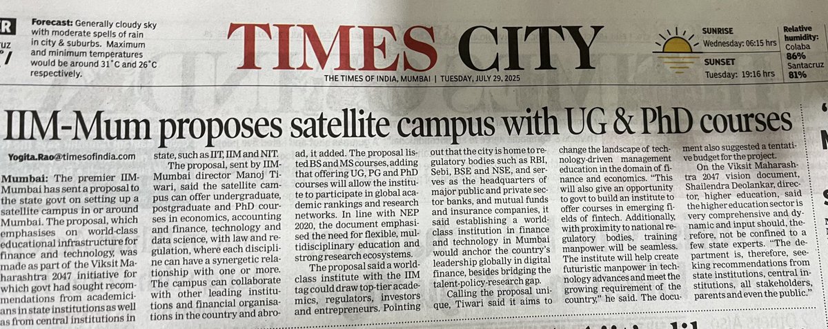 Controversial take:

Mumbai didn’t need another institution.

The IIM should have been setup in Nasik.

The gov needs to focus on Nasik and grow it so that the Tri-cities of Mumbai, Pune &amp; Nasik can balance the load of development.

Nasik has solid industries, &amp; needs attention!