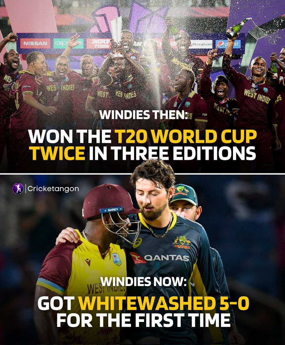cricketangon's tweet image. The downfall of the T20 giants 💔

#AUSvWI #WindiesCricket