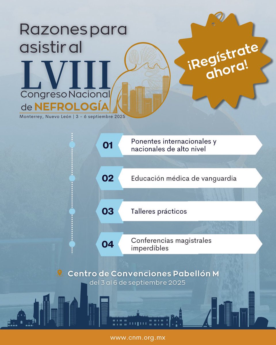 ¿Aún no te registras? 👀
Aquí te dejamos razones por las que no puedes faltar al #LVIIICNN2025.

📍 Educación, actualización, comunidad médica, innovación y certificación.
🔗 Regístrate ya: app.acceda.mx/nefrologia/

🌐cnm.org.mx/Congreso

#Nefrología #SaludRenal #Nefrologos