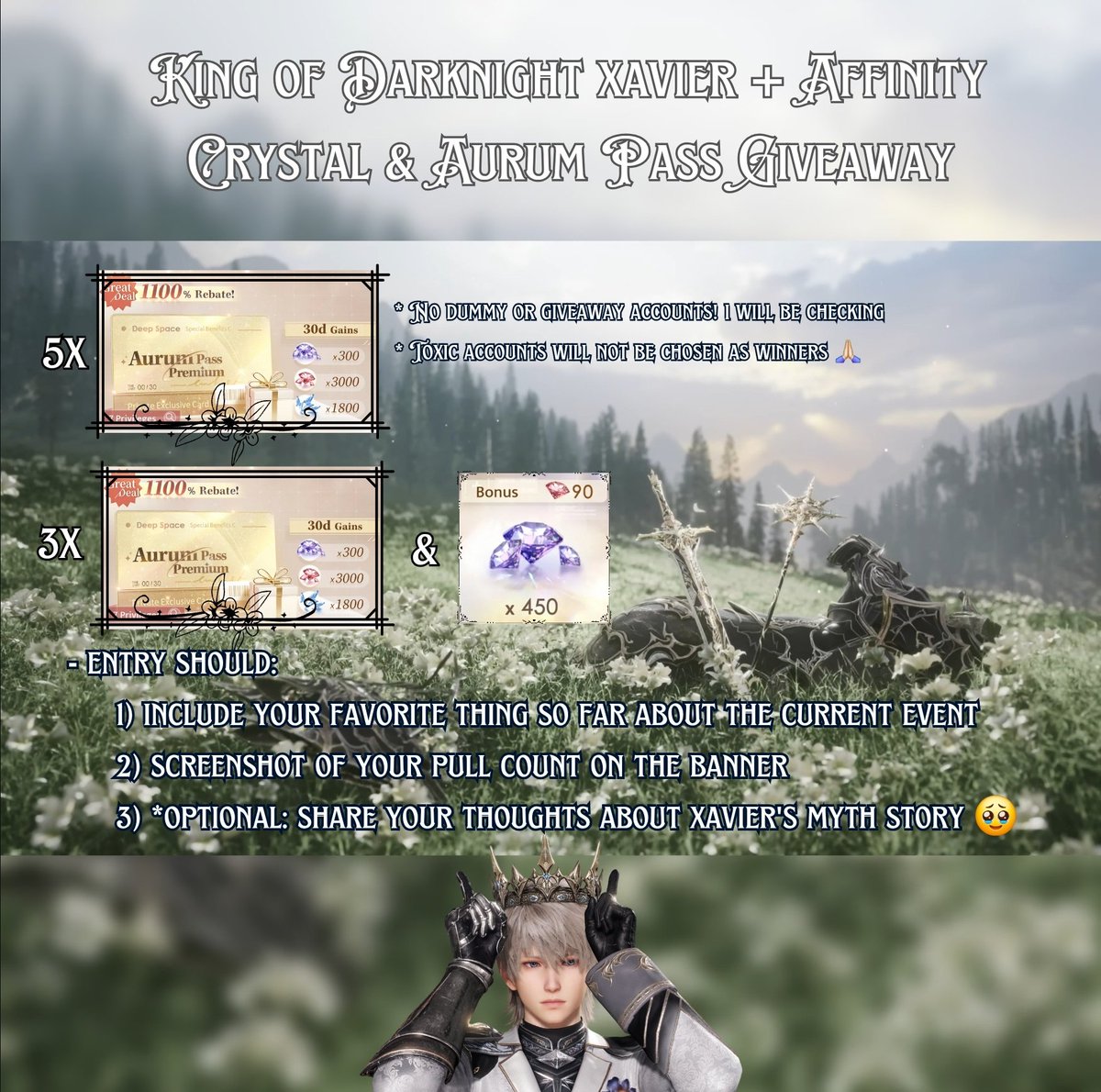 i got r3 KoD xavier and got him to level 180 affinity so it's time for another giveaway from me 😌💫

⊹₊♕₊⊹King of Darknight &amp; Lvl 180 Affinity Giveaway⊹₊♕₊⊹
✨️ 5 Winners for Aurum Pass
👑 3 Winners for both Aurum &amp; 450 Crystals

♡︎/⟳ this post and follow <a href="/jainax_/">jaina.</a>