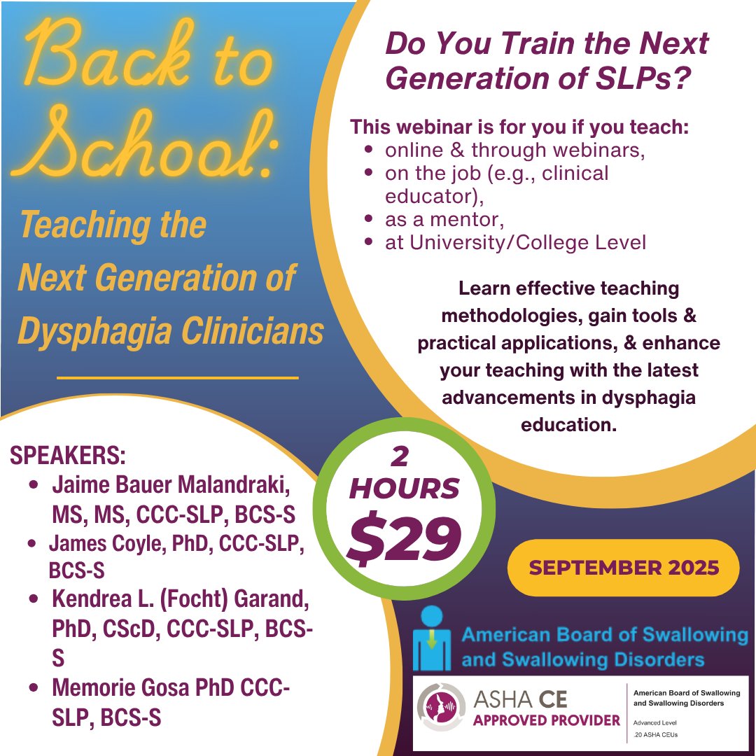 Enjoying summer &amp; #ABSSD #DysphagiaCEUs? swallowingdisorders.org/page/courses 

Have u seen #Dysphagia Summer Series or #breastfeeding CEU  

Now, Coming Soon: #BackToSchool  
Webinar for ALL #dysphagiaeducators! 
What is the latest in #DysphagiaEducation? 

#slpeeps #medslp #slp2be #medslp2b