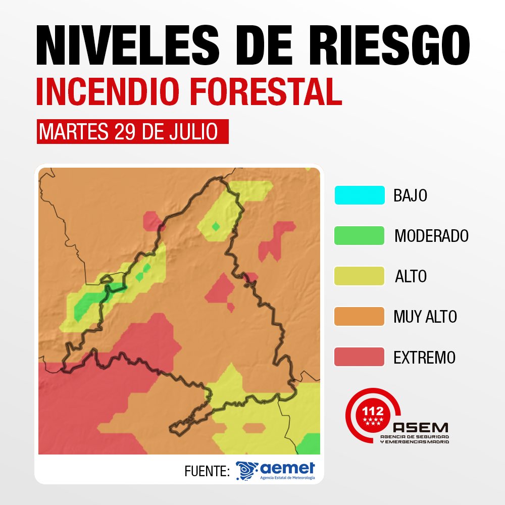 112 Comunidad de Madrid (@112cmadrid) on Twitter photo 🗺️ Mapa de riesgo de incendios forestales.
🟠 🔴 Nivel: Muy Alto <> Extremo.
🗓️ Martes 29 de julio.
🚩 Mucha precaución.
Fuente: <a href="/AEMET_Madrid/">AEMET_Madrid</a>.
#INFOMA25
#STOPincendios
#IIFF
#ASEM112 🗺️ Mapa de riesgo de incendios forestales.
🟠 🔴 Nivel: Muy Alto <> Extremo.
🗓️ Martes 29 de julio.
🚩 Mucha precaución.
Fuente: <a href="/AEMET_Madrid/">AEMET_Madrid</a>.
#INFOMA25
#STOPincendios
#IIFF
#ASEM112