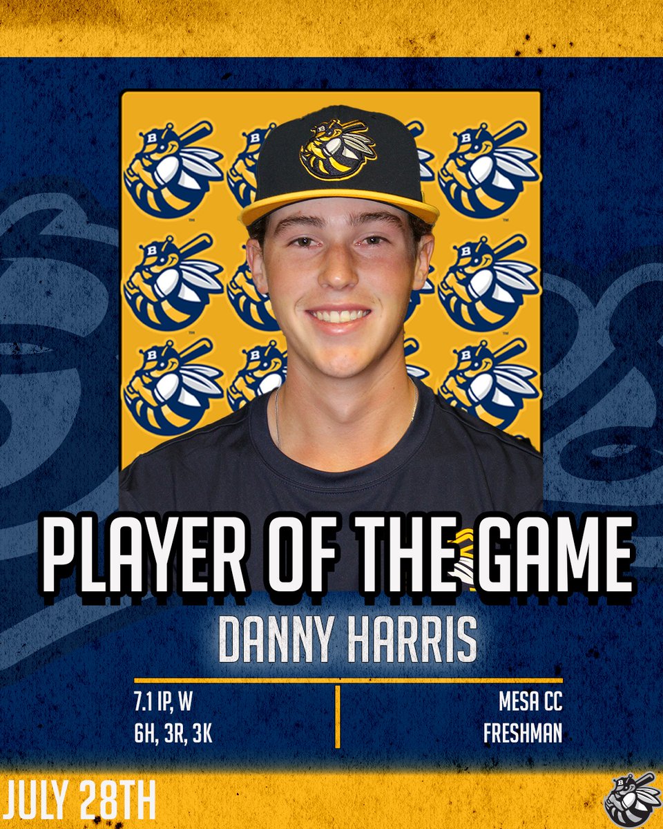 BurlingtonBees's tweet image. Danny Harris is your July 28th Player Of the Game!!
The Mesa CC Freshman tossed 7.1 innings and got the win. He struck out three, while allowing three runs. Harris allowed one run over his first seven innings.