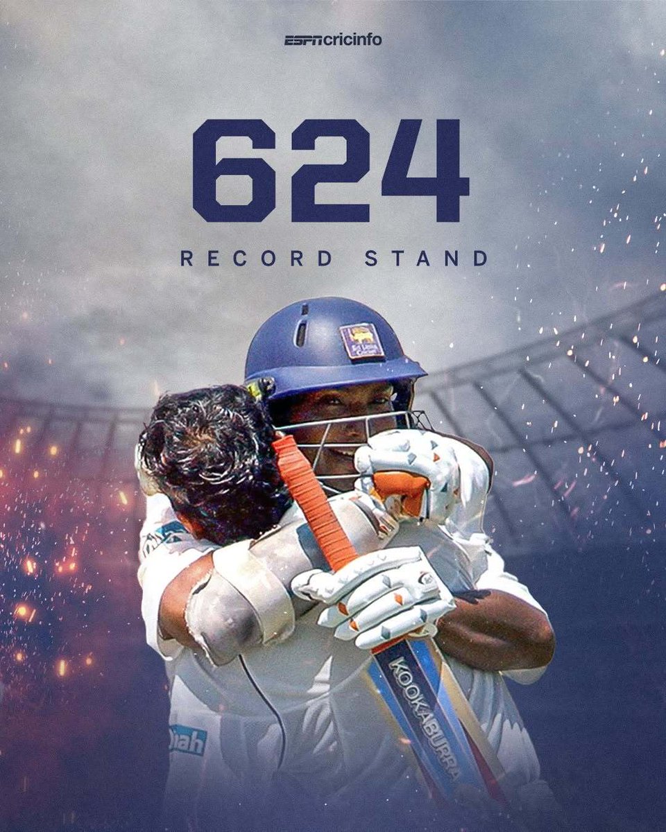 ESPNcricinfo's tweet image. #OnThisDay in 2006, Mahela Jayawardene and Kumar Sangakkara broke the record for the highest Test partnership, piling up 624 against South Africa at the SSC in Colombo ✨ bit.ly/4fco65W