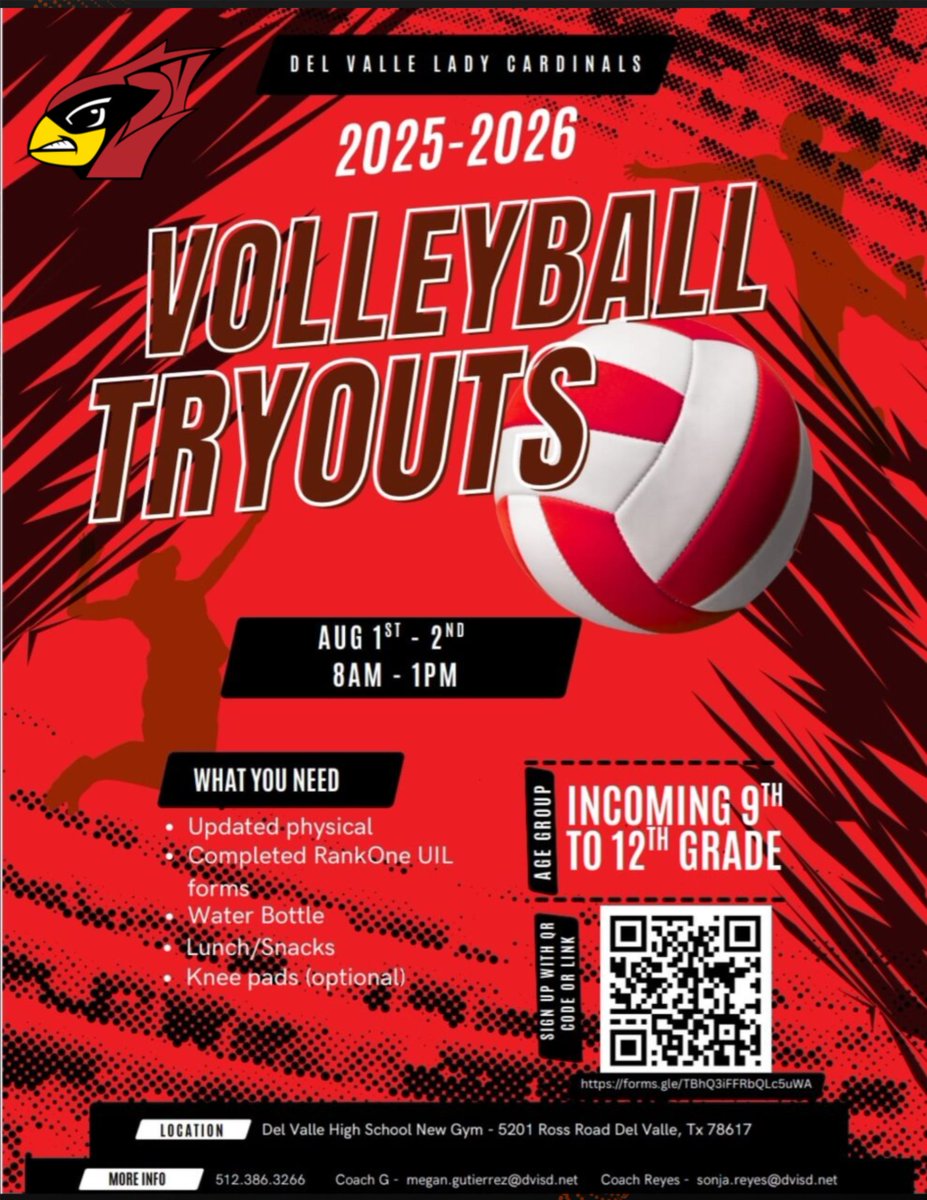 Del Valle Volleyball (@dvhs_volleyball) on Twitter photo Tryouts are almost here! Excited to see everyone! Reminder: Make sure you have your physical completed and your Rankone Forms filled out before tryouts!
<a href="/DelValleISD/">Del Valle ISD</a> <a href="/dvisd_athletics/">Del Valle ISD Athletics</a> Tryouts are almost here! Excited to see everyone! Reminder: Make sure you have your physical completed and your Rankone Forms filled out before tryouts!
<a href="/DelValleISD/">Del Valle ISD</a> <a href="/dvisd_athletics/">Del Valle ISD Athletics</a>