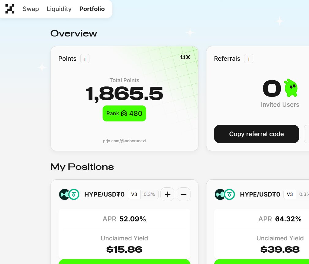 noborunezi's tweet photo. Project X @prjx_hl $7,500くらいずっと入れてて500位くらい。 イールドもHYPE/USDT0ペア上下15%位で日利0.3～0.5%くらい出てて良い感じ！ UIがシンプルで好きです。
@BOBBYBIGYIELD
https://t.co/RC1oulkqp3 https://t.co/MSD5ASf8zQ