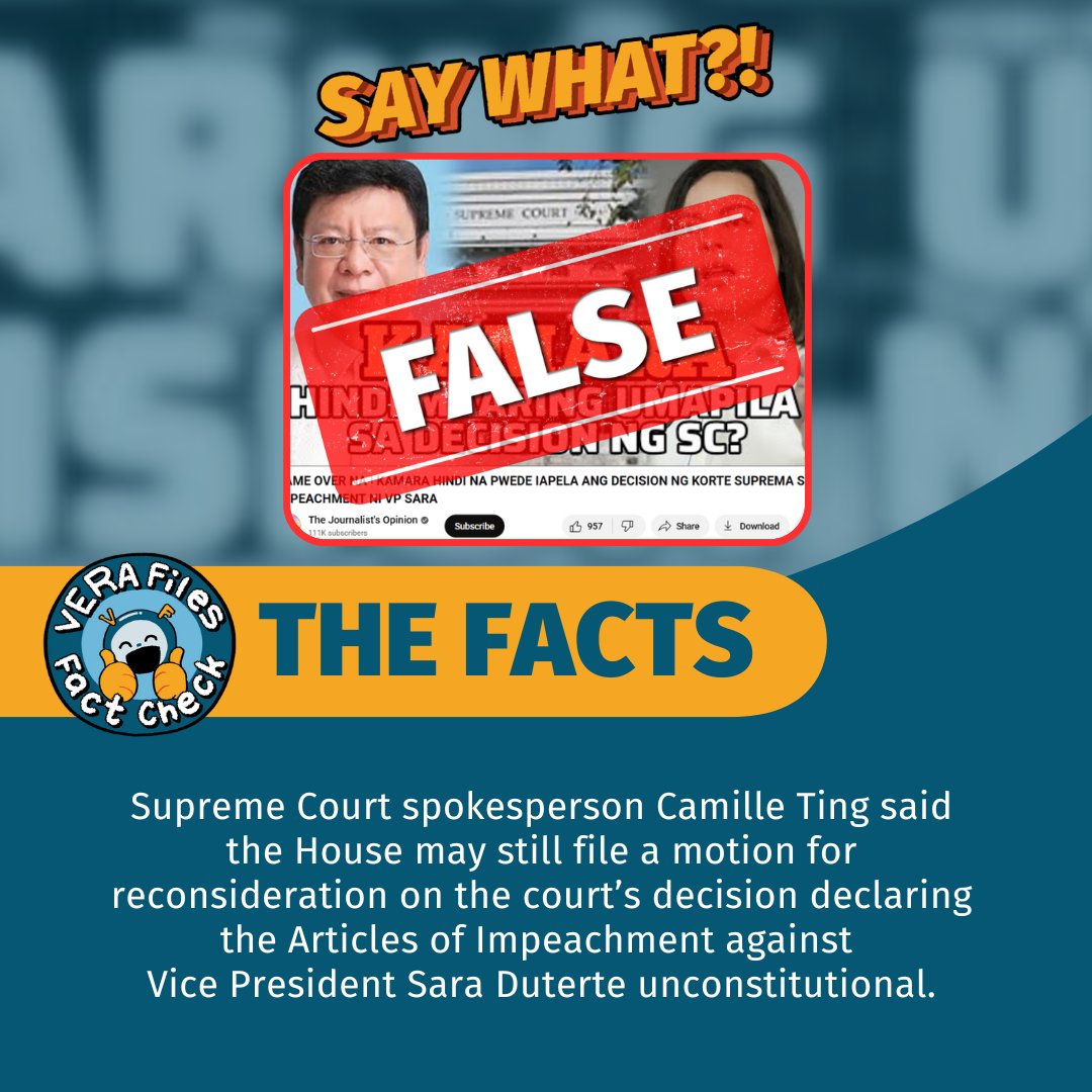 verafiles's tweet image. #VERAFilesFactCheck: A YouTube video claims that the House of Representatives can no longer appeal the Supreme Court’s unanimous decision declaring the Articles of Impeachment against Vice President Sara Duterte unconstitutional. This is false.
Read more: vera.ph/4lR7YJD