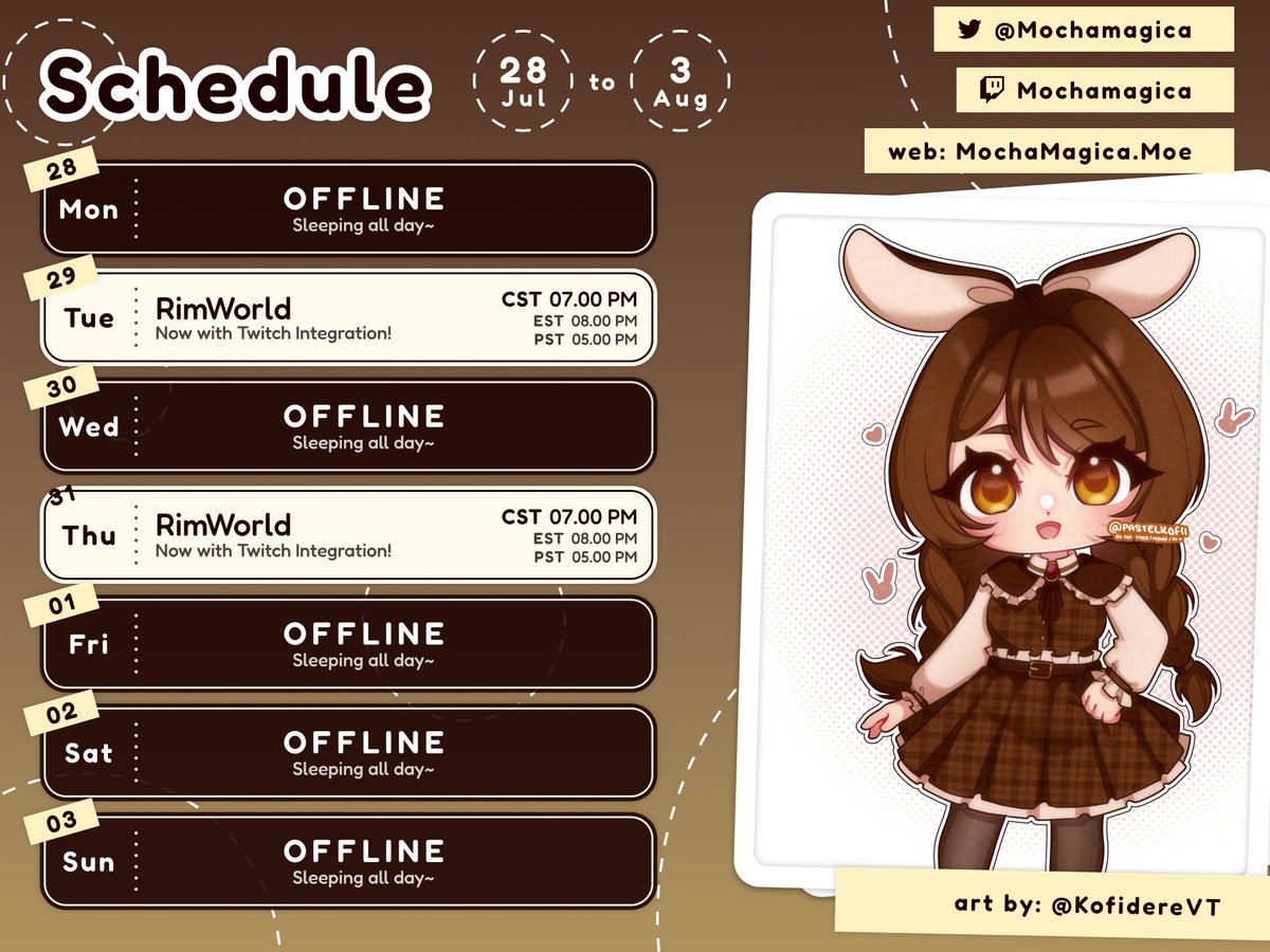 Mocha โ๐ฎ bnuuy (@mochamagica) on Twitter photo โ๏ธ๐ฎ STREAM SCHEDULE 07/28-08/03
Coming back popular demand >:3 were gonna play Rimworld with Twitch Integration!
Let's build the best cafe space station in the star system!
Might do a sneaky collab this weekend too, we'll see
๐จ: <a href="/kofidereVT/">kofi ๐๐ค</a> โ๏ธ๐ฎ STREAM SCHEDULE 07/28-08/03
Coming back popular demand >:3 were gonna play Rimworld with Twitch Integration!
Let's build the best cafe space station in the star system!
Might do a sneaky collab this weekend too, we'll see
๐จ: <a href="/kofidereVT/">kofi ๐๐ค</a>