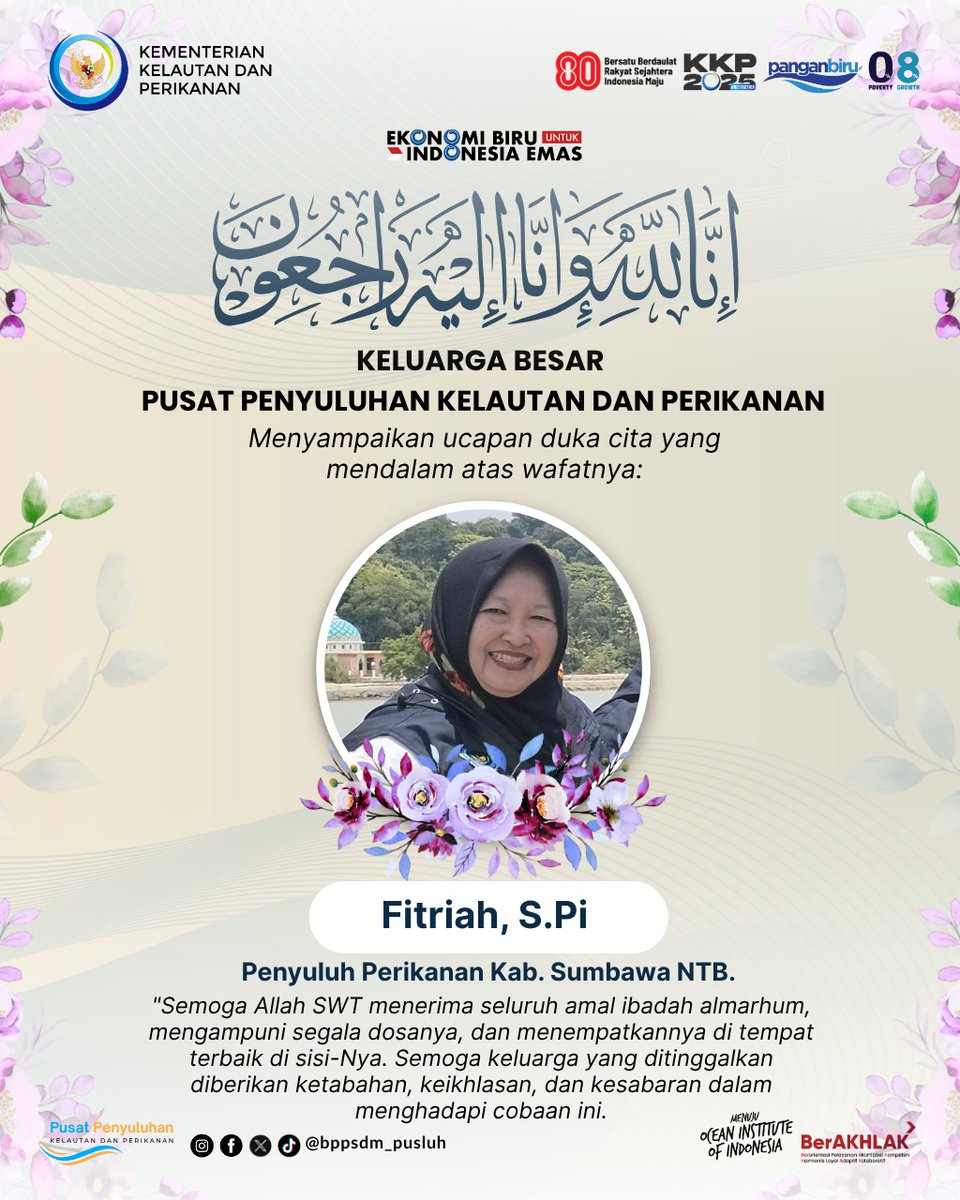bppsdm_pusluhkp's tweet photo. Keluarga besar PusluhKP turut berduka cita atas berpulangnya Fitriah (#Penyuluhperikanan Kab. Sumbawa, NTB). Semoga Allah SWT menerima seluruh amal ibadah almarhum, mengampuni segala dosanya, dan menempatkannya di tempat terbaik di sisi-Nya. 
@kkpgoid 
@bppsdm_kp
@in_radiarta https://t.co/jHQdkdDRyf