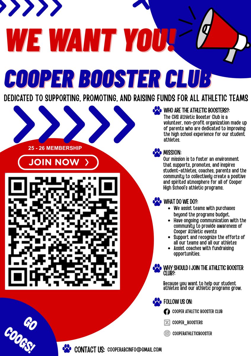 Abilene Cooper Athletic Booster Club, Inc. (@cooper_boosters) on Twitter photo 🚨 CALLING ALL COOG FANS! 🚨
Join the Cooper Booster Club and help us support every athlete, every sport, all year long! 🐾
🎁 First 10 sign-ups get a FREE swag bag!
📧 Email: cooperabcinfo@gmail.com
📲 Scan the QR code & sign up today!
#JoinTheBoosters #GoCoogs 🚨 CALLING ALL COOG FANS! 🚨
Join the Cooper Booster Club and help us support every athlete, every sport, all year long! 🐾
🎁 First 10 sign-ups get a FREE swag bag!
📧 Email: cooperabcinfo@gmail.com
📲 Scan the QR code & sign up today!
#JoinTheBoosters #GoCoogs