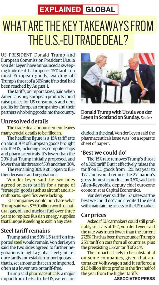 imRavikantYadav's tweet photo. 'What are the key takeaways from the U.S.- EU trade deal?'

:Details

#useutradedeal #TrumpTariffs #EuropeanUnion #USA
#StrategicGoods #ZeroTariffs
#Steel #Pharmaceuticals #Automobiles 
#useudeal 
#TradeDeal

#UPSC 

Source: IE AP https://t.co/3mNjaOmLVe