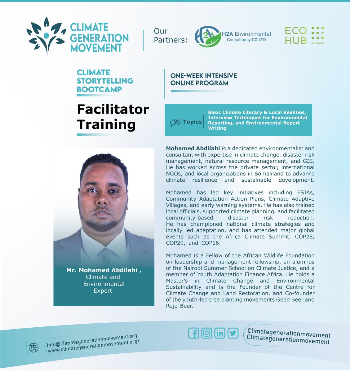 ClimateGenMove's tweet image. Mr. Mohamed Abdilahi, a leading climate and environmental expert, will facilitate key sessions at the Climate Storytelling Bootcamp. With vast experience in climate change, DRR, and sustainability, he bridges local adaptation in Somaliland with global action at #COP28 &amp;amp; #COP29.