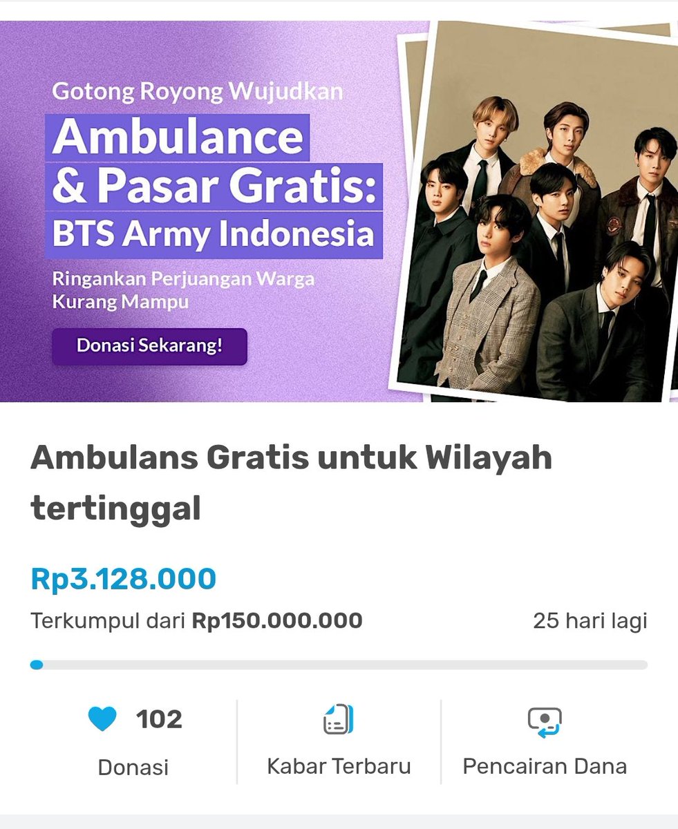 Update donasi AMBULANS GRATIS BTS ARMY INDONESIA untuk masyarakat dengan daerah tertinggal serta kekurangan fasilitas kendaraan kesehatan 

Total donasi : Rp. 3.128.000
Link donasi kitabisa.com/campaign/btsar…

Borahae ARMY
[ BANTU RT MY ]

#BTS #BTSARMY #BTSARMYPEDULI #PROJECT