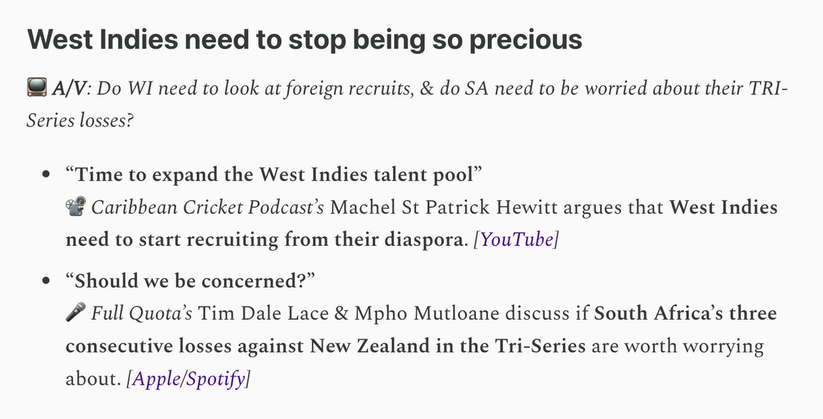 The Best of Cricket (@bestcricstories) on Twitter photo BEST #CRICKET PODS & VIDEOS:
<a href="/MashStPaddy/">Machel St Patrick Hewitt</a> on WI's diaspora, & <a href="/Tim32_cricket/">Tim Dale Lace</a>/<a href="/MphoMoreki/">World Test Champion Mphoza</a> on SA's losses to NZ.
All stories at bestofcricket.substack.com/p/roundup-cric… BEST #CRICKET PODS & VIDEOS:
<a href="/MashStPaddy/">Machel St Patrick Hewitt</a> on WI's diaspora, & <a href="/Tim32_cricket/">Tim Dale Lace</a>/<a href="/MphoMoreki/">World Test Champion Mphoza</a> on SA's losses to NZ.
All stories at bestofcricket.substack.com/p/roundup-cric…