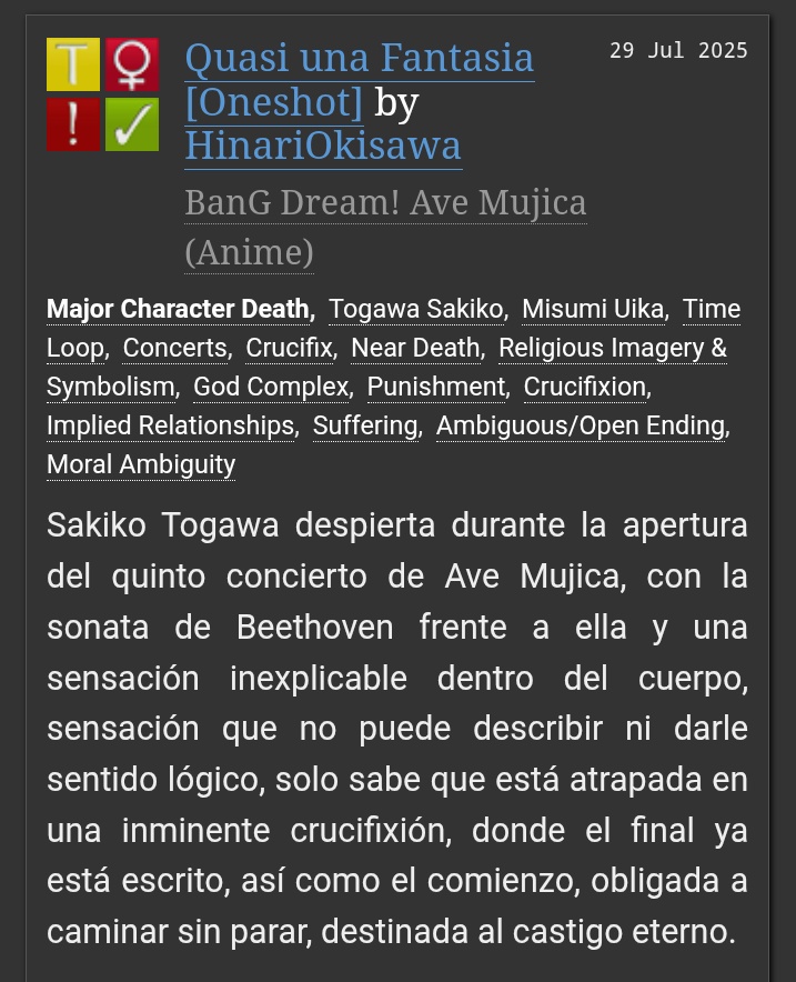 A  little thingy I made yesterday  🫣

archiveofourown.org/works/68329096

#AveMujica #fanfic #oneshot