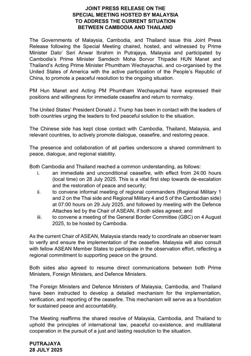 thavrith's tweet photo. Joint Press Release on the Special Meeting Hosted by Malaysia to Address the Current Situation between #Cambodia and #Thailand https://t.co/ubvvjxIFtX