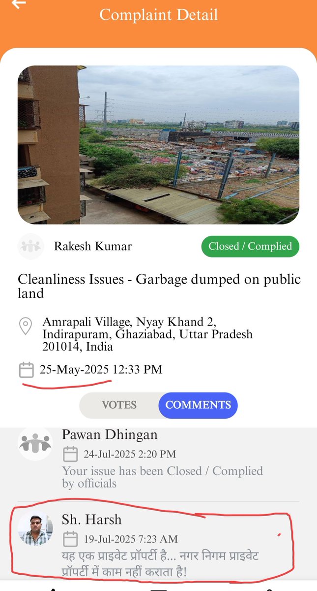 Filth piling near #AmrapaliVillage, Indirapuram, poses a health &amp; environmental hazard. My Complaint has been Closed saying “private property”but the issue impacts residents and hygiene. Request urgent intervention
<a href="/AMRUTCityGzb/">Ghaziabad Nagar Nigam</a> <a href="/NagarVikas_UP/">Urban Development Department, Uttar Pradesh</a> <a href="/CPCB_OFFICIAL/">Central Pollution Control Board</a> <a href="/gdagzb/">GDA Ghaziabad</a> <a href="/dm_ghaziabad/">DM Ghaziabad</a>