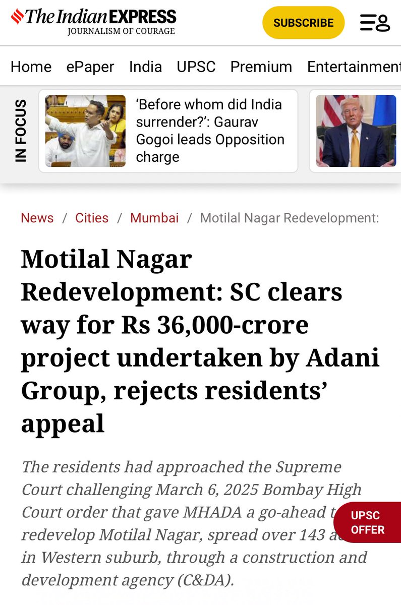 VishalBhargava5's tweet image. Supreme Court clears way for ₹36,000 crore redevelopment project by Adani in Goregaon
Residents had gone to court seeking to self-redevelop the land instead of handing it to Adani
Legality aside as well - Large land parcels need a central player to get the job done.